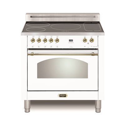 Lofra Dolcevita 36 Inch Induction Range Oven Freestanding, Convection,9 Cooking Modes, 5 Heating Zones,1 Bridge Zone, Power Boost, White Brass Trim
