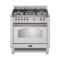 Lofra Dolcevita 36 Inch Range Freestanding Dual Fuel Range  Oven 5 Brass Burners, Convection Stainless Steel Chrome Trim