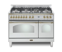 Lofra Dolcevita 48 Inch Range Freestanding Dual Fuel Range Double Oven 7 Brass Burners, Convection Stainless Steel Brass Trim