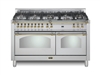 Lofra Dolcevita 60 Inch Range Freestanding Dual Fuel Range Double Oven 8 Brass Burners, Convection Stainless Steel Brass Trim