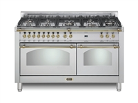 Lofra Dolcevita 60 Inch Range Freestanding Dual Fuel Range Double Oven 8 Brass Burners, Convection Stainless Steel Brass Trim