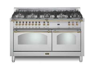 Lofra Dolcevita 60 Inch Range Freestanding Dual Fuel Range Double Oven 8 Brass Burners, Convection Stainless Steel Brass Trim