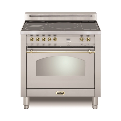 Lofra Dolcevita 36 Inch Induction Range Oven Freestanding, Convection,9 Cooking Modes, 5 Heating Zones,1 Bridge Zone, Power Boost, Stainless Steel Brass Trim