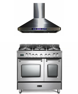 Verona Prestige Series VPFSGE365DSS 36" Dual Fuel Range Double Oven Stainless Steel With Hood 2pc Kitchen Package