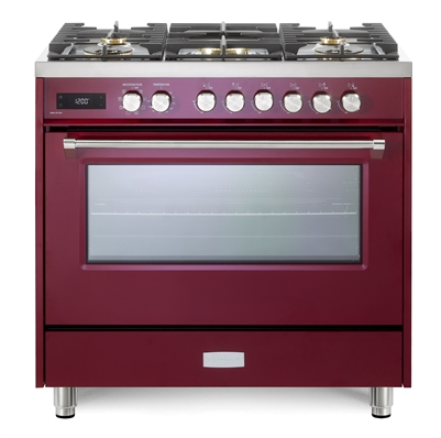 Verona ULTIMA Series VUFSGE365BU 36 Inch 5.0 cu.ft Freestanding Dual Fuel Range Oven Convection, 5 Sealed Brass Burners, Burgundy