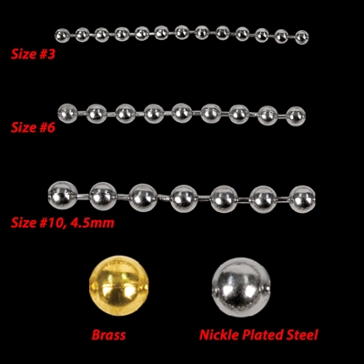 Metal Bead Chain #10, #6, #3, Length 10ft chain. Nickel plated steel.
