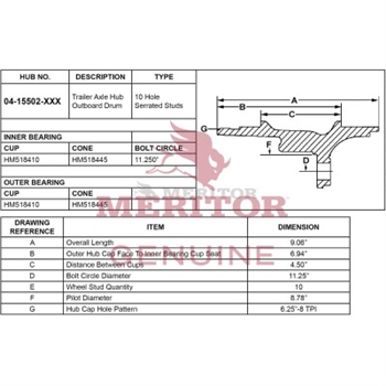 Meritor Assembly - Rear Hub P/N: 04-15502-022 or 0415502022