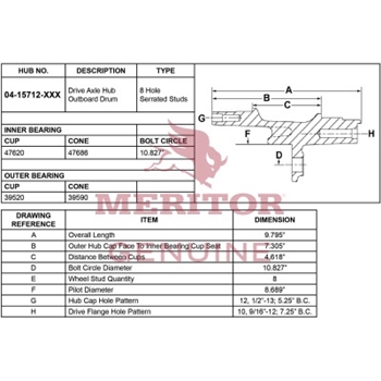 Meritor Ay - Hub / Rear P/N: 04-15712-002 or 0415712002