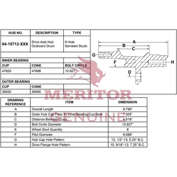 Meritor Assembly - Rear Hub P/N: 04-157121-000 or 04157121000