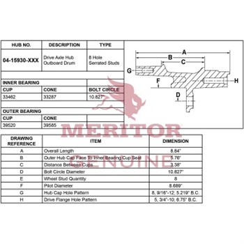 Meritor Ay - Rear Hub P/N: 04-15930-003 or 0415930003