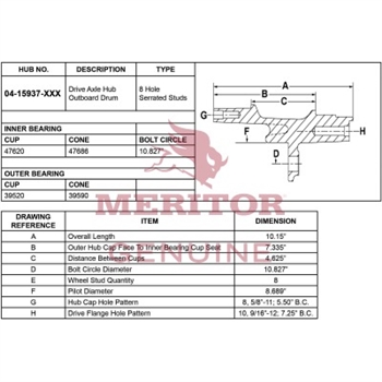 Meritor Assembly - Rear Hub P/N: 04-15937-003 or 0415937003