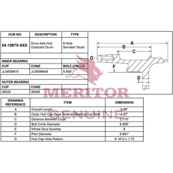 Meritor Ay - Hub / Stud P/N: 04-15975-001 or 0415975001