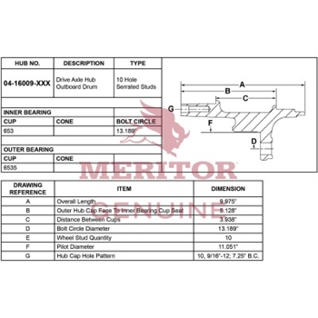 Meritor Ay - Hub / Rear P/N: 04-16009-003 or 0416009003