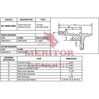 Meritor Preset Trailer Hub P/N: 04-16040-009PST or 0416040009PST