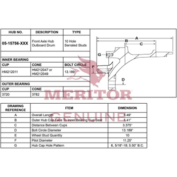 Meritor Ay - Frt Hub/Abs P/N: 05-15756-002 or 0515756002