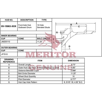 Meritor Ay - Frt Hub P/N: 05-15863-002 or 0515863002