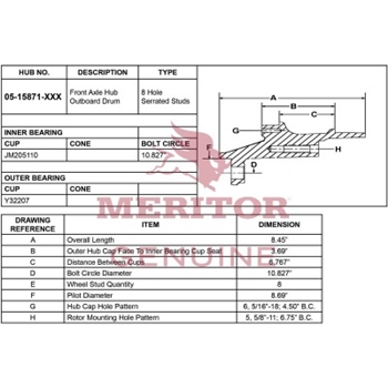 Meritor Ay - Frt Hub P/N: 05-15871-002 or 0515871002