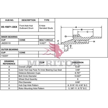 Meritor Front Hub Assembly With Abs P/N: 05-15871-003 or 0515871003