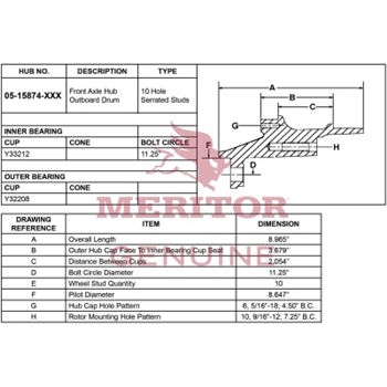 Meritor Assembly -Frt Hub P/N: 05-15874-003 or 0515874003