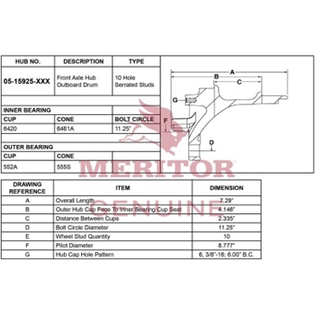 Meritor Hub / Stud Lh P/N: 05-15925-003 or 0515925003