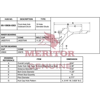 Meritor Hub Assembly P/N: 05-15938-1001 or 05159381001