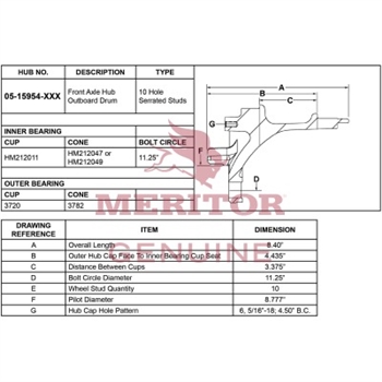 Meritor Assembly - Frt Hub P/N: 05-15954-006 or 0515954006