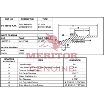 Meritor Hub Assembly P/N: 05-15955-1000 or 05159551000