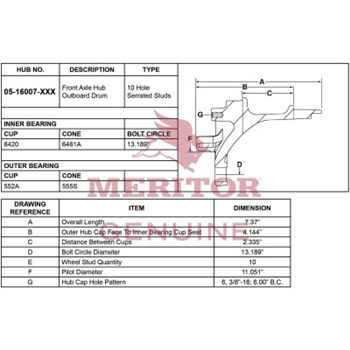 Meritor Ay - Hub / Frt P/N: 05-16007-002 or 0516007002