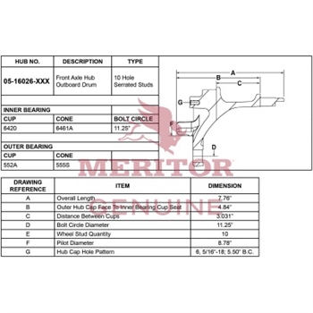 Meritor Front Hub Assembly P/N: 05-16026-002 or 0516026002