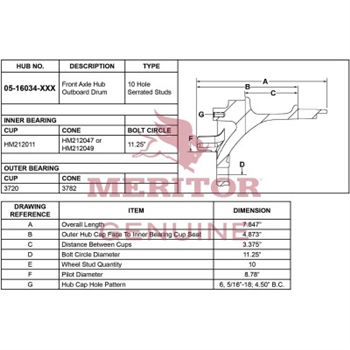 Meritor Ay - Frt Hub P/N: 05-16034-003 or 0516034003