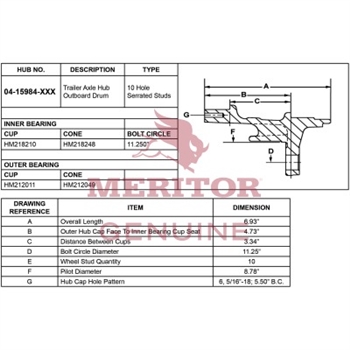 Meritor Ay - Hub / Drm Rear P/N: 14-15984-1068 or 14159841068