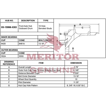 Meritor Assembly Hub Drum P/N: 15-15996-1000MTB or 15159961000MTB