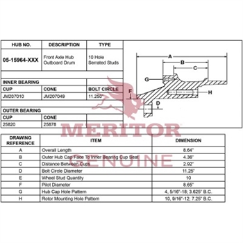 Meritor Ay Hub / Rotor P/N: 17-15964-1006 or 17159641006