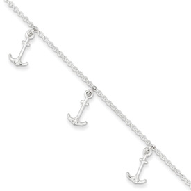 Sterling Silver Polished Anchors Anklet