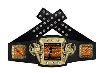 Championship Award Belt for Archery that is black, orange, and gold in color.