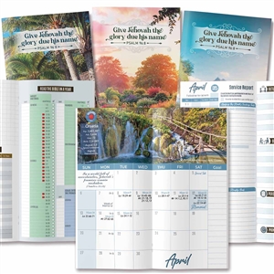 2025 JW Monthly Scheduler featuring international convention scenes and ministry planning tools