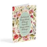 Wedding or anniversary greeting card with a floral design featuring 1 Corinthians 13:7
