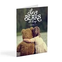 Adorable friendship card featuring 1 Corinthians 13:7: "Love bears all things."