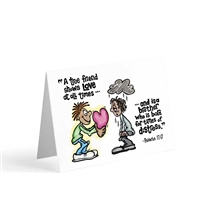 Hand-illustrated greeting card featuring Proverbs 17:17: "a true friend shows love at all times... and is a brother who is born for times of distress."