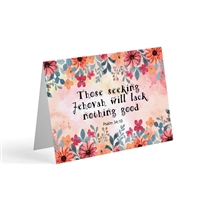 Greeting card featuring the 2022 yeartext "those seeking Jehovah will lack nothing good."