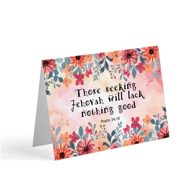 Greeting card featuring the 2022 yeartext "those seeking Jehovah will lack nothing good."