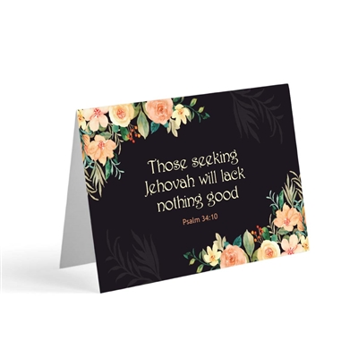 Greeting card featuring the 2022 yeartext "those seeking Jehovah will lack nothing good."