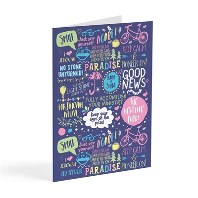 Greeting card featuring a variety of encouraging sayings for pioneers.