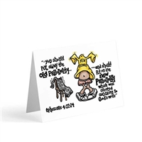 A greeting card for anyone progressing spiritually. This cartoon illustrates Ephesians 4:22-24, with a cartoon character putting on the "new personality"