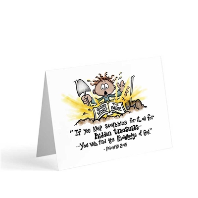 This card illustrates Proverbs 2:4, 5 with a cartoon character discovering a hidden treasure.