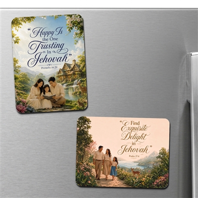 Decorative magnets featuring the 2026-2027 â€œFind Exquisite Delight in Jehovahâ€ and â€œHappy Is the One Trusting In Jehovahâ€ Circuit Assembly themes