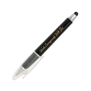 Black engraved study pen featuring the â€œWalk Courageously With Godâ€ title, rubber grip, clear clip, and stylus tip