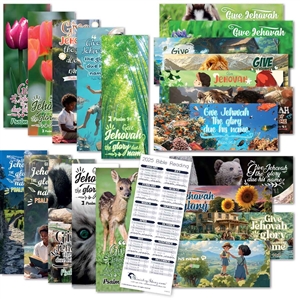 2025 Bible Reading Schedule Bookmarks with Year Text Psalm 96:8 in five themes: Cute Creations, Floral, Nature, Paradise, Kids