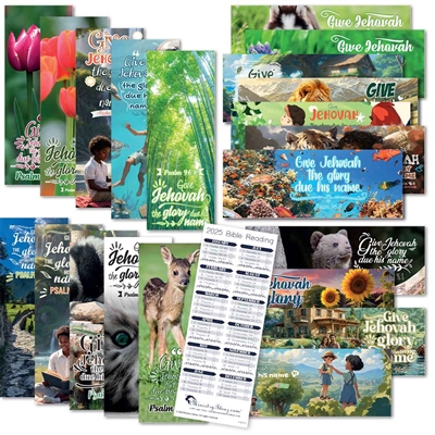 2025 Bible Reading Schedule Bookmarks with Year Text Psalm 96:8 in five themes: Cute Creations, Floral, Nature, Paradise, Kids