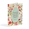 Tarjeta postal de aniversario con 1 Corintios 13:7, flores suaves y fondo crema